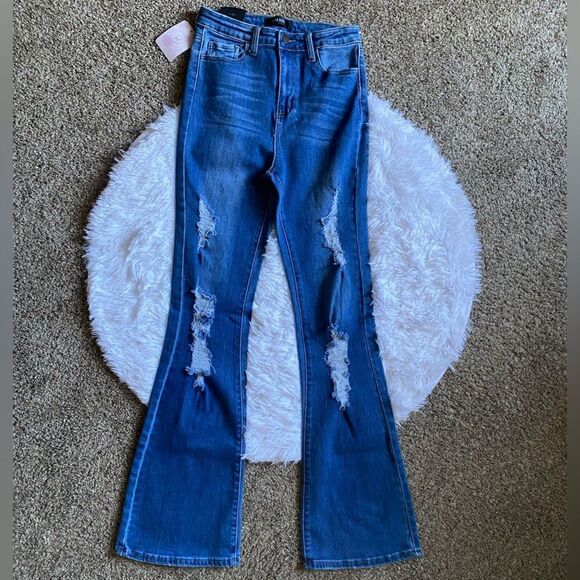 Nina Rossi Jeans Super High Rise Flare Long New Distressed Women’s Size 7 - Picture 1 of 10
